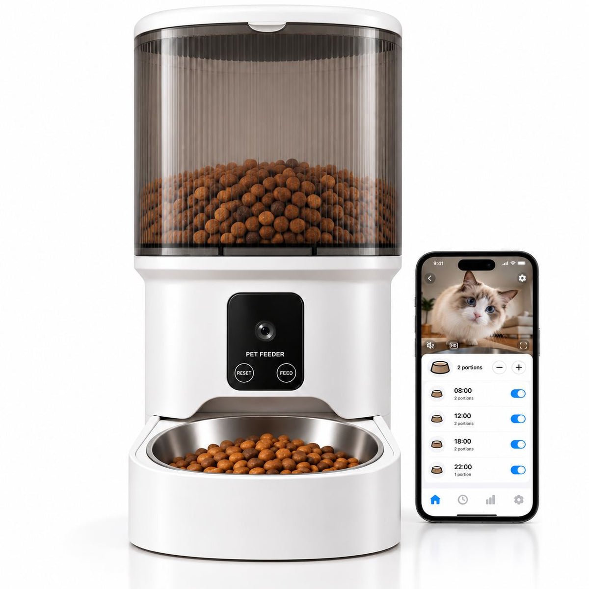 Distributeur de croquettes automatique connecté pour chat et chien — Blanc transparent