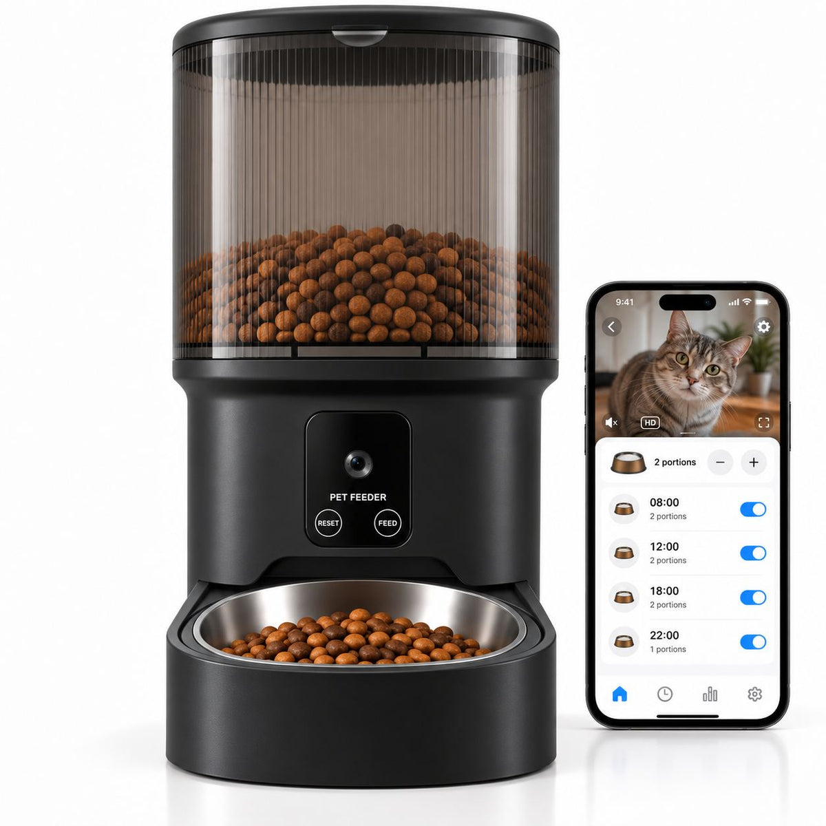 Distributeur de croquettes automatique connecté pour chat et chien — Noir transparent