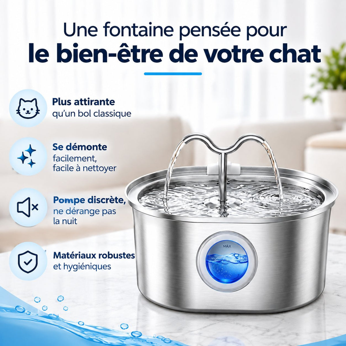 Fontaine à eau double jet Sensatine pour chat, vue d'ensemble