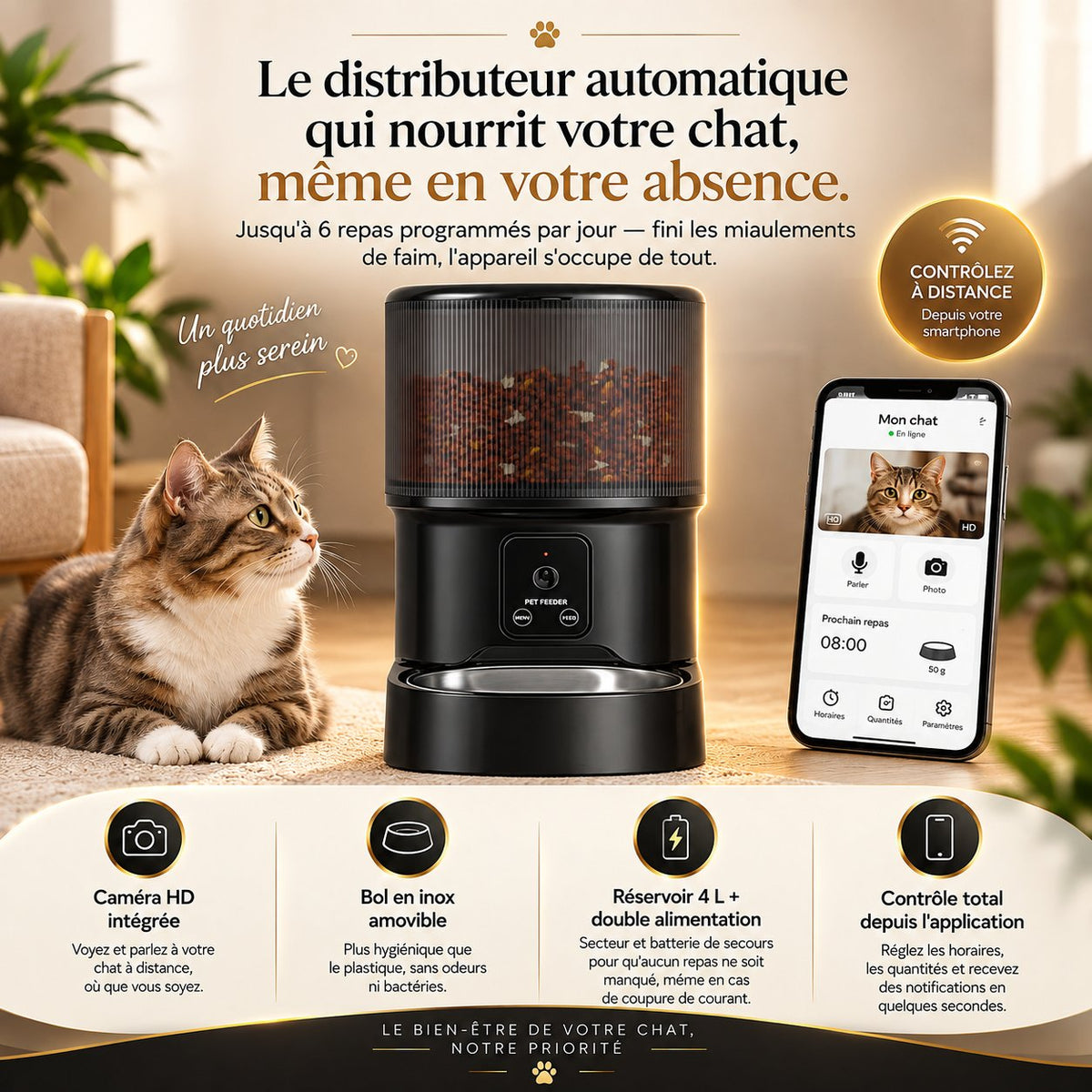 Distributeur de croquettes Sensatine noir transparent, vue d'ensemble