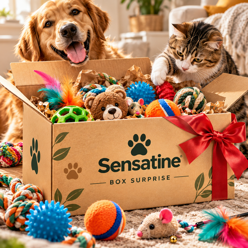 Box surprise Sensatine pour chat : brosse de toilettage et 2 jouets