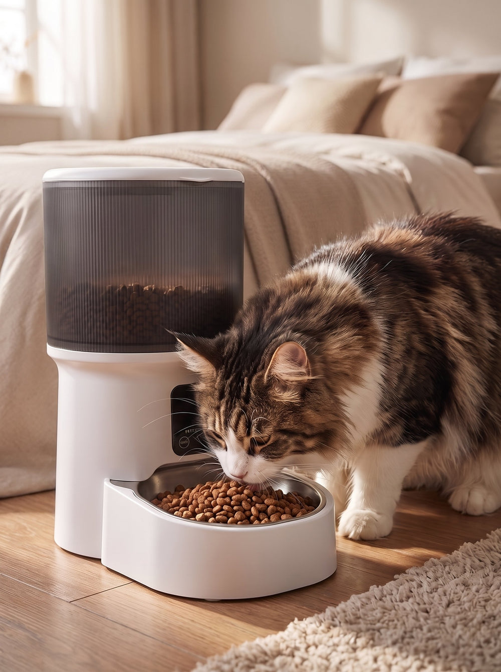 Distributeur de croquettes automatique Sensatine pour chat et chien, coloris blanc transparent