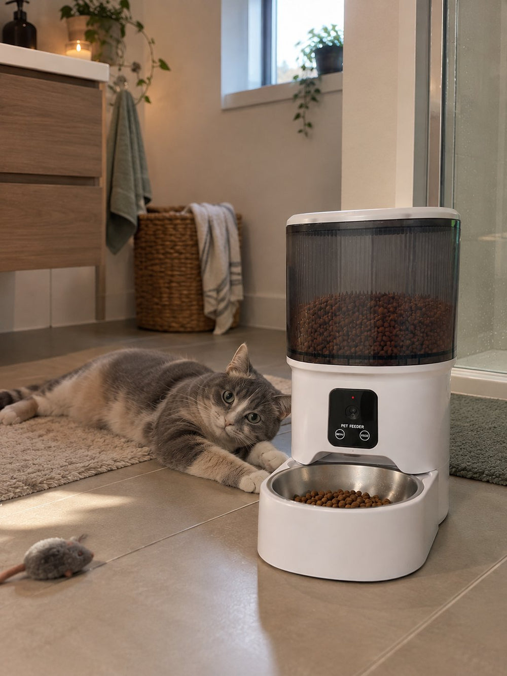 Distributeur de croquettes Sensatine blanc transparent avec un chat