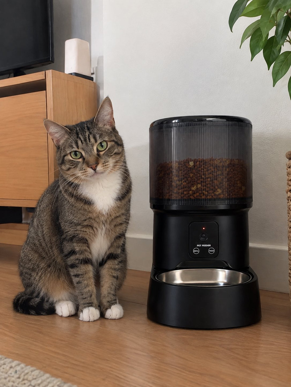 Distributeur de croquettes Sensatine noir transparent avec un chat