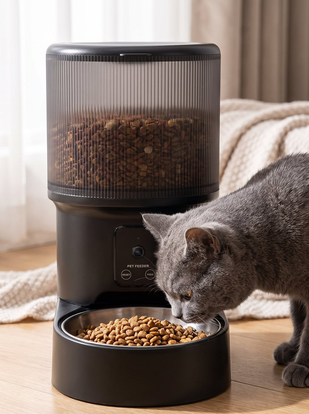 Distributeur de croquettes automatique Sensatine pour chat et chien, coloris noir transparent