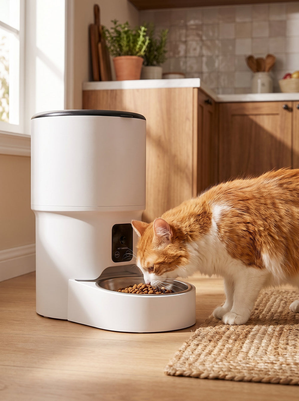 Distributeur de croquettes automatique Sensatine pour chat et chien, blanc opaque