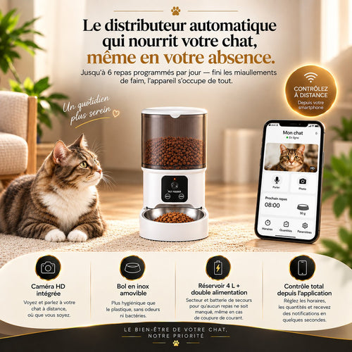 Distributeur de croquettes Sensatine blanc transparent, vue rapprochée