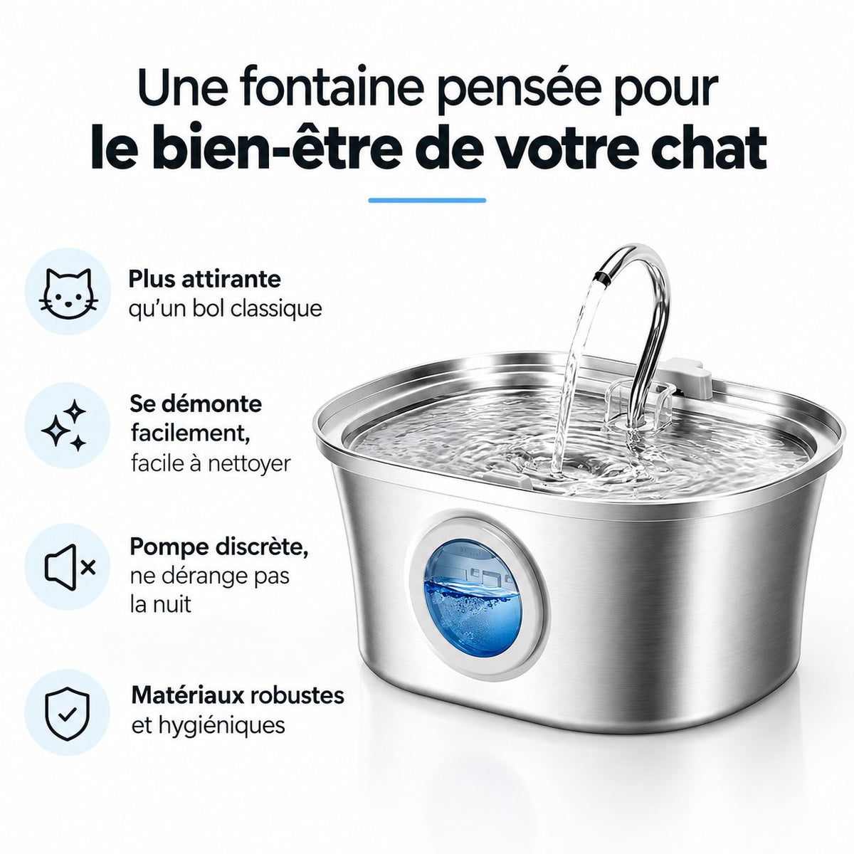 Fontaine à eau pour chat en inox Sensatine, détail du jet courbé