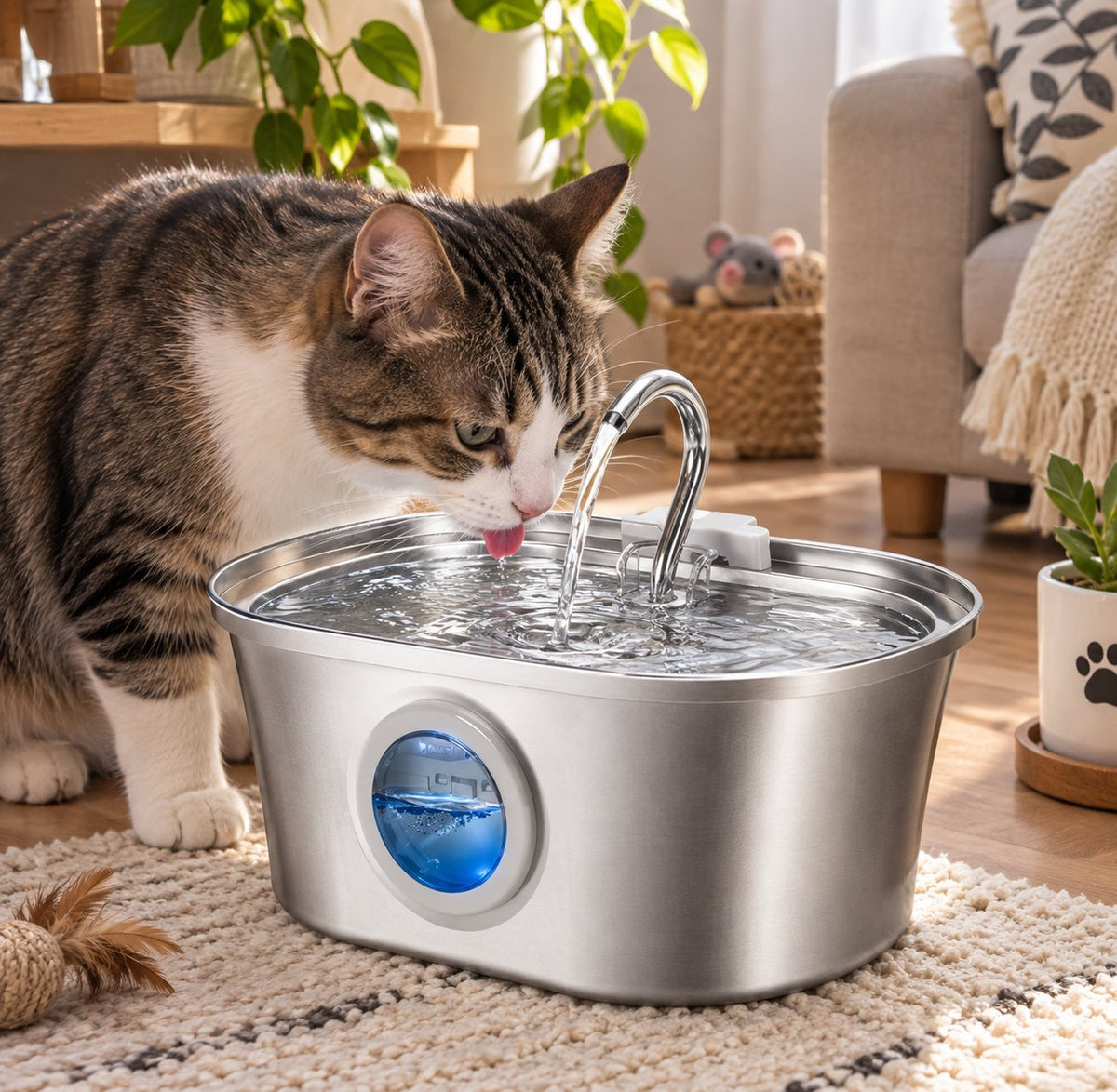 Fontaine à eau pour chat en inox Sensatine, vue rapprochée