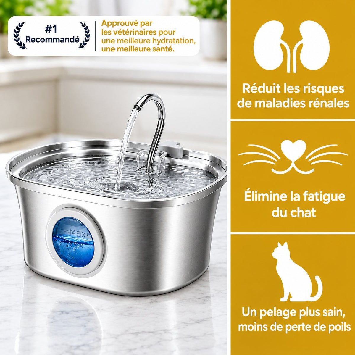 Fontaine à eau pour chat en inox Sensatine, jet simple courbé