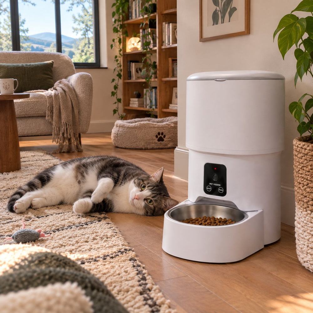 Distributeur de croquettes Sensatine blanc opaque avec un chat