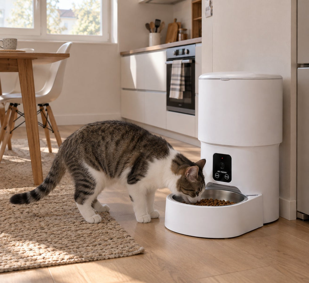 Chat près du distributeur de croquettes Sensatine blanc opaque